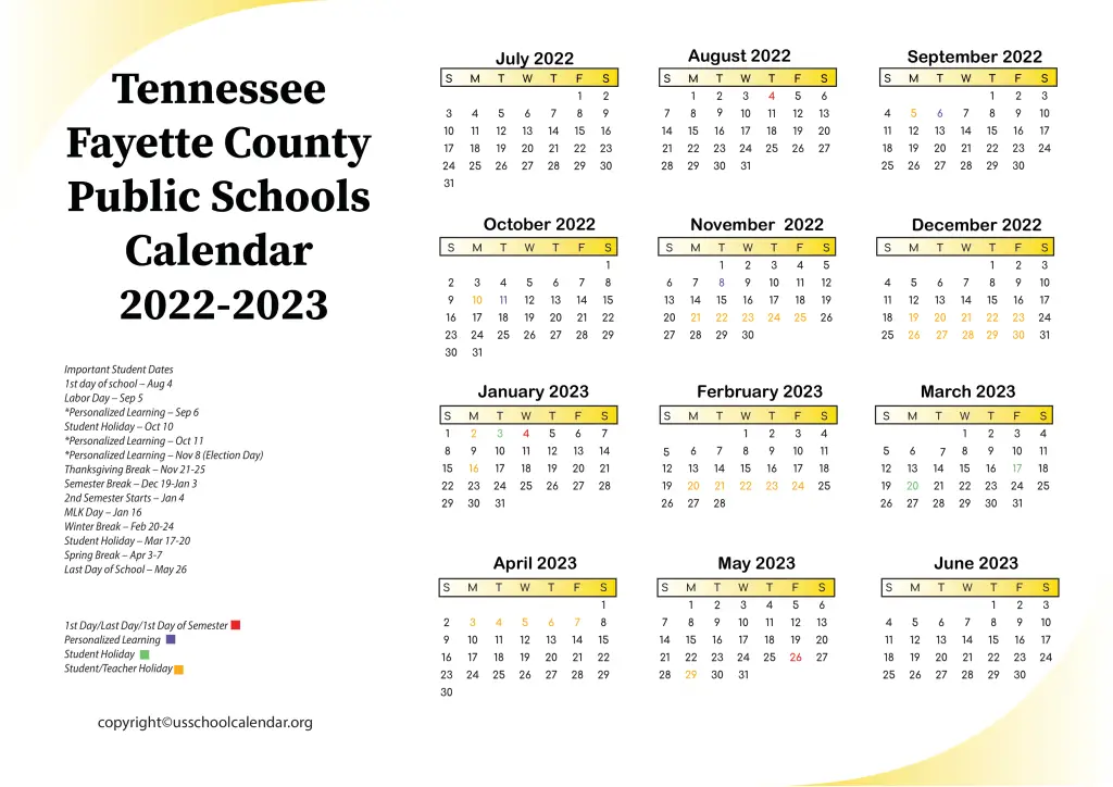 Tennessee Fayette County Public Schools Calendar 2022-2023