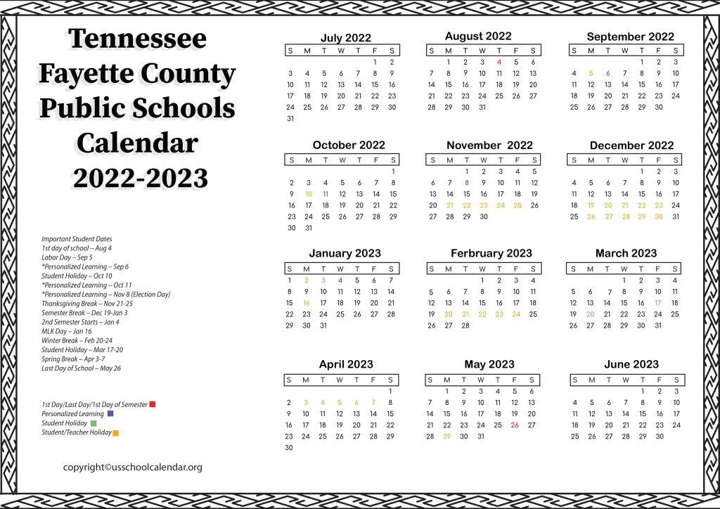 Tennessee Fayette County Public Schools Calendar 2022-2023 2