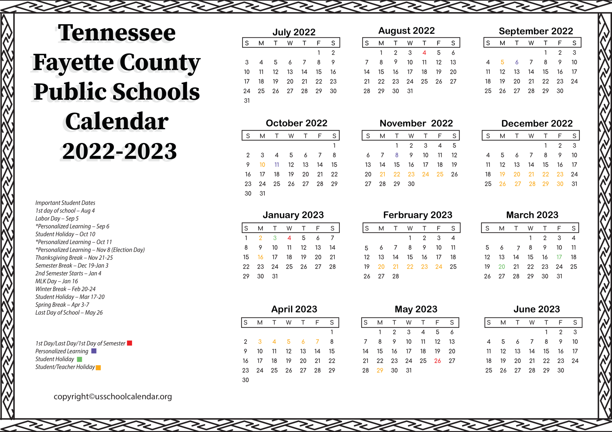 Tennessee Fayette County Public Schools Calendar 2022 2023
