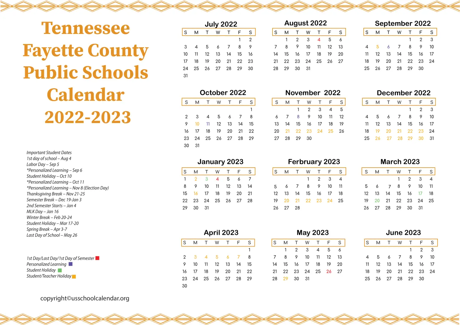 Tennessee Fayette County Public Schools Calendar 20222023