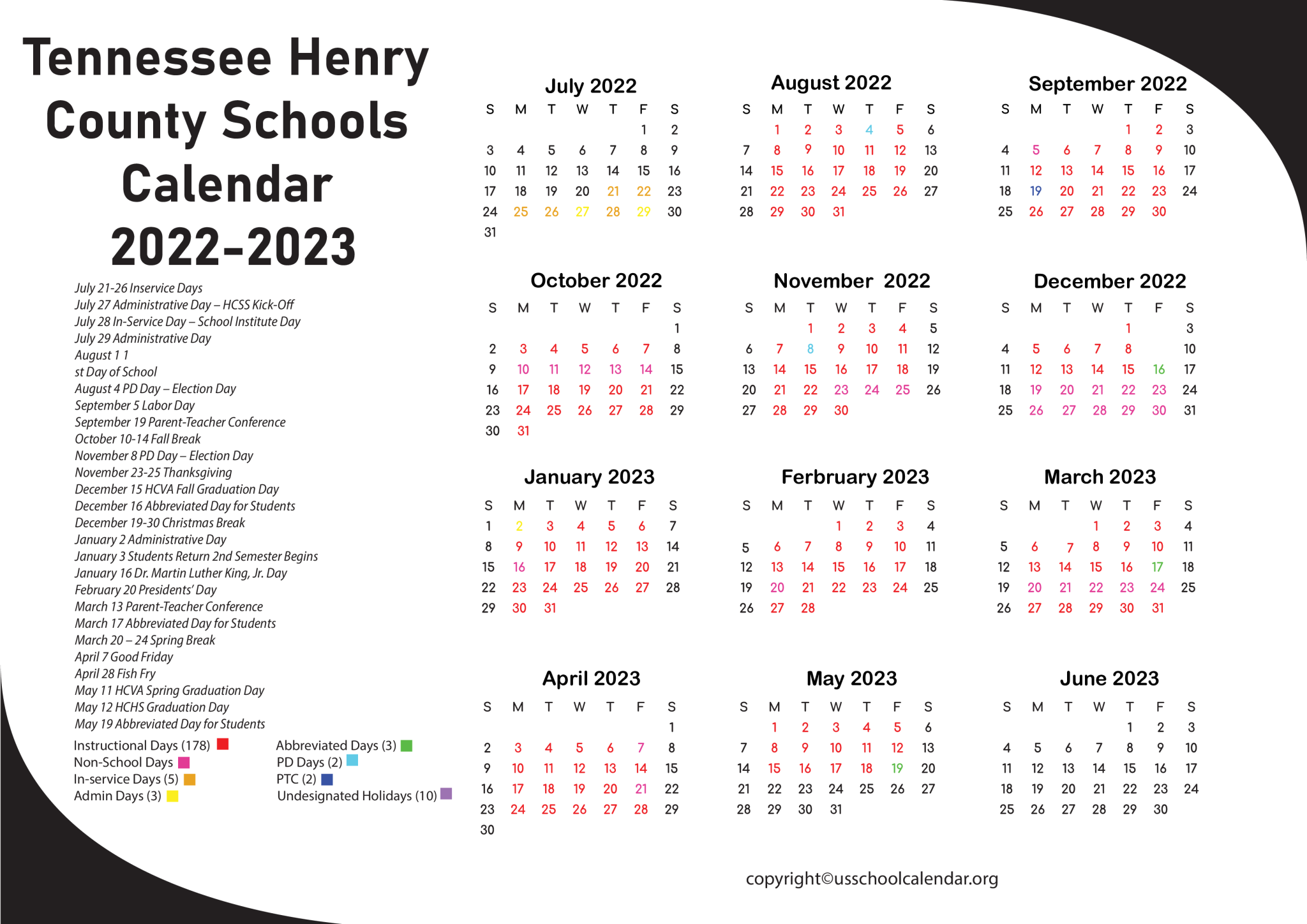 Tennessee Henry County Schools Calendar 20222023