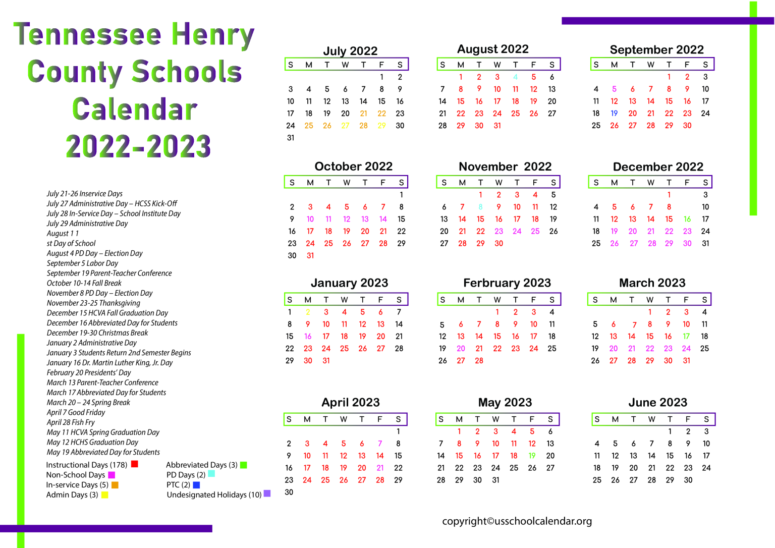 Tennessee Henry County Schools Calendar 2022-2023