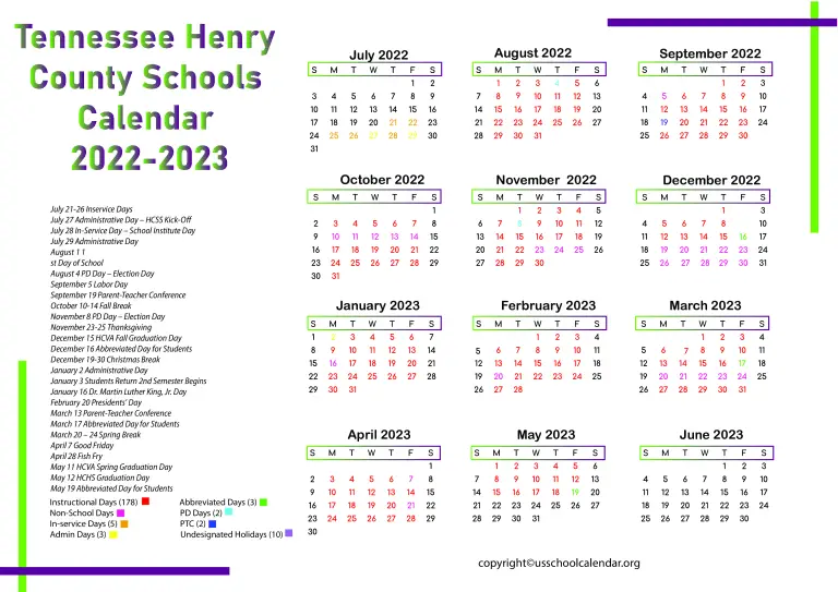 Tennessee Henry County Schools Calendar 20222023