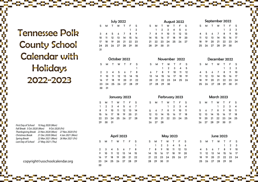 Tennessee Polk County School Calendar with Holidays 2022-2023 2