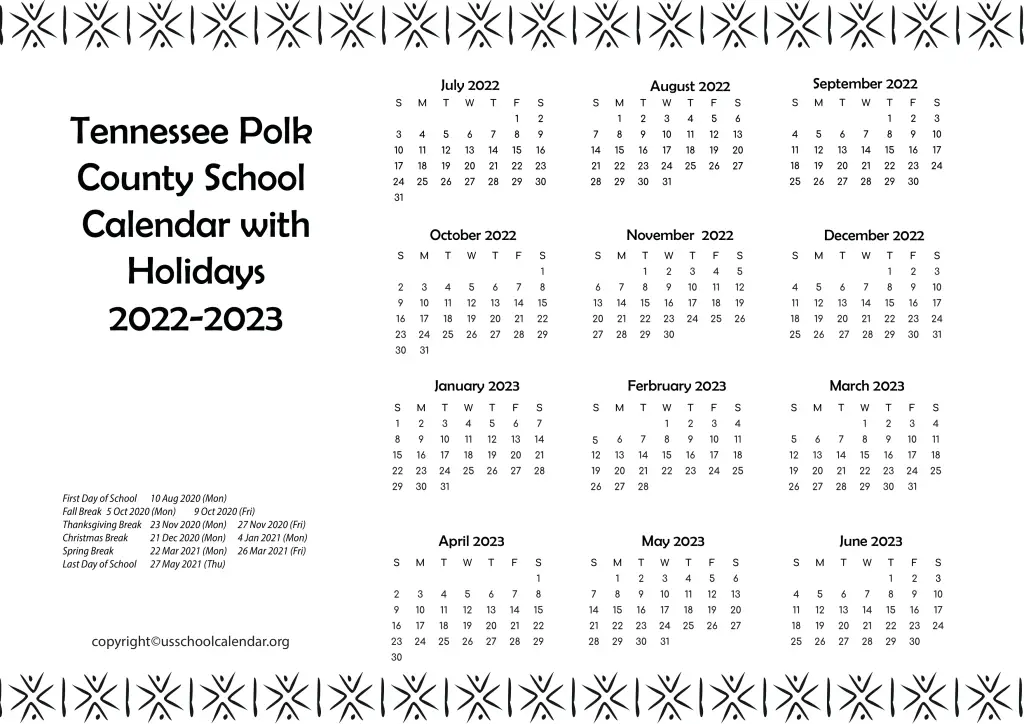 Tennessee Polk County School Calendar with Holidays 2022-2023 3