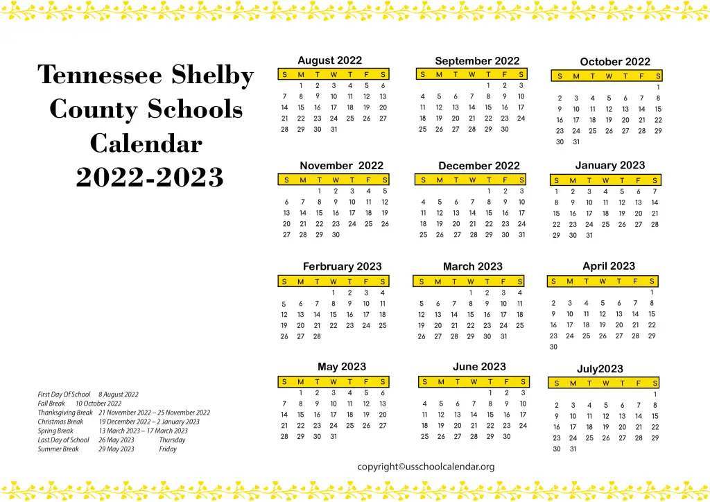 Tennessee Shelby County Schools Calendar 2022-2023
