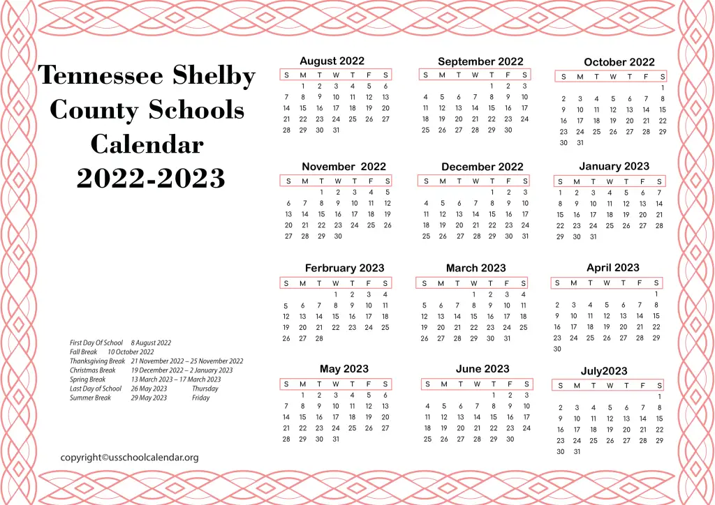 Tennessee Shelby County Schools Calendar 2022-2023 2