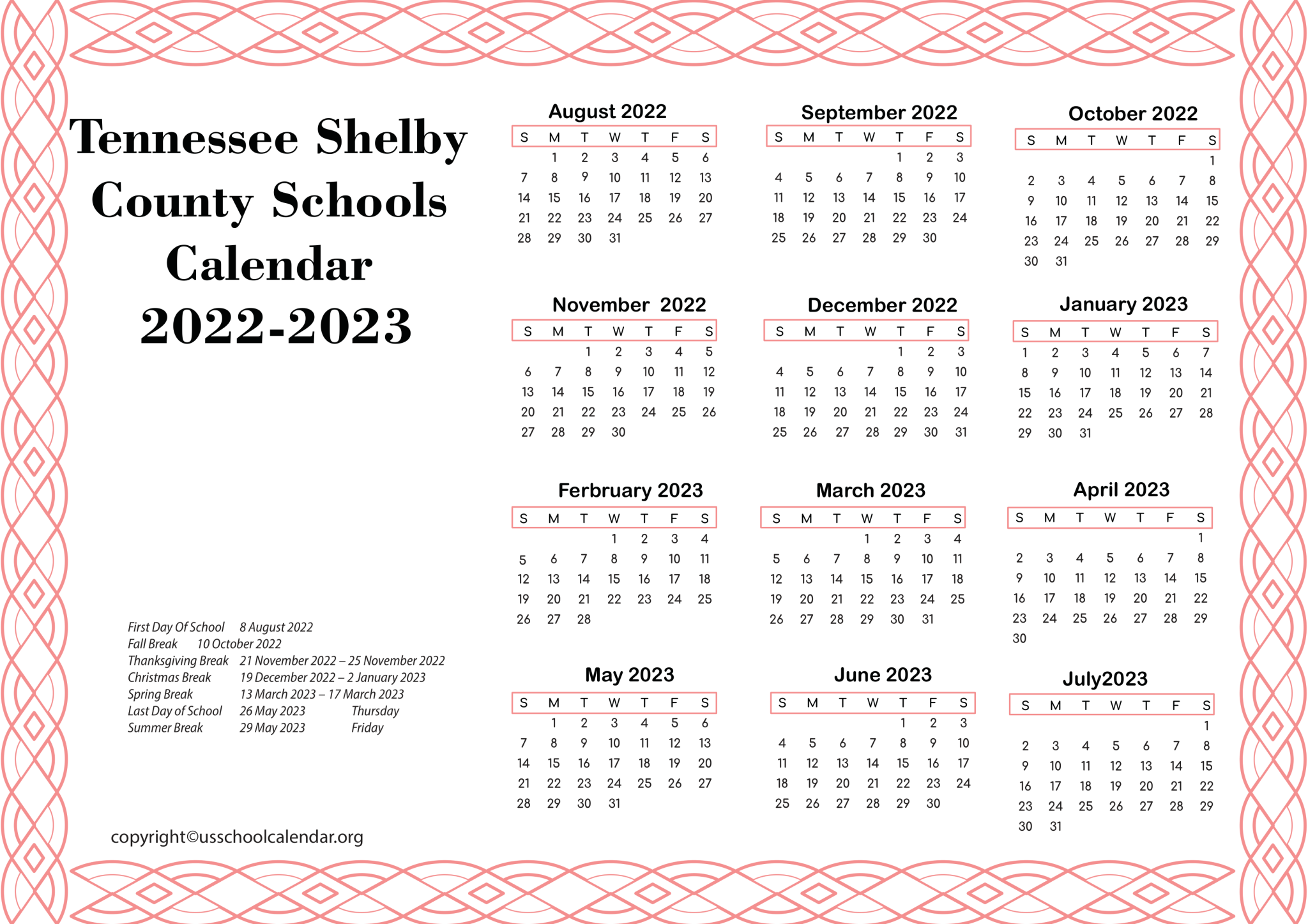 Tennessee Shelby County Schools Calendar 20222023