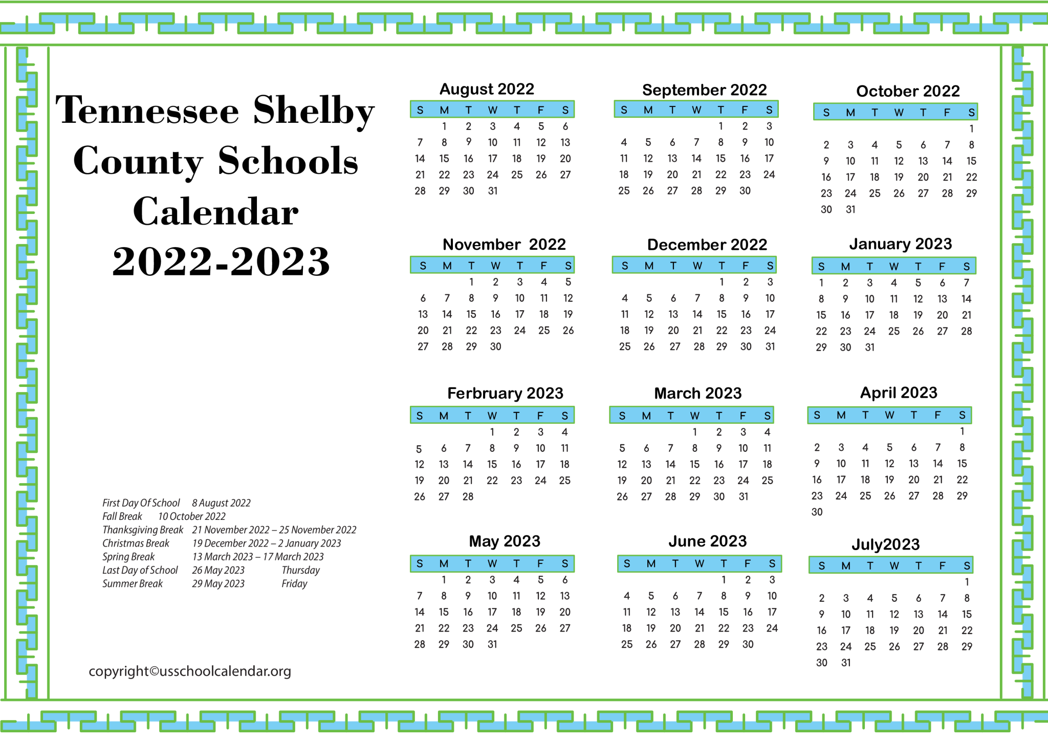 Tennessee Shelby County Schools Calendar 20222023