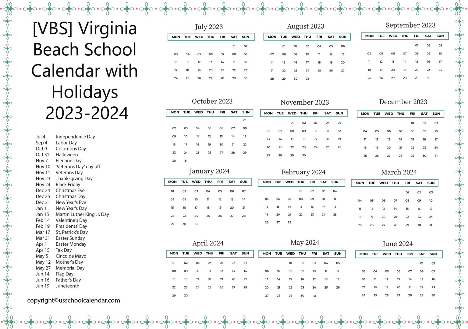 VBS Virginia Beach School Calendar with Holidays 2023 2024