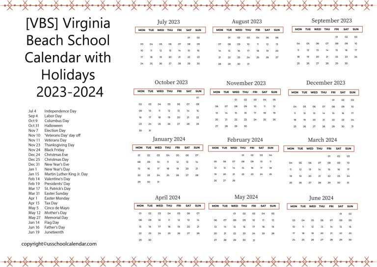 VBS Virginia Beach School Calendar with Holidays 2023 2024
