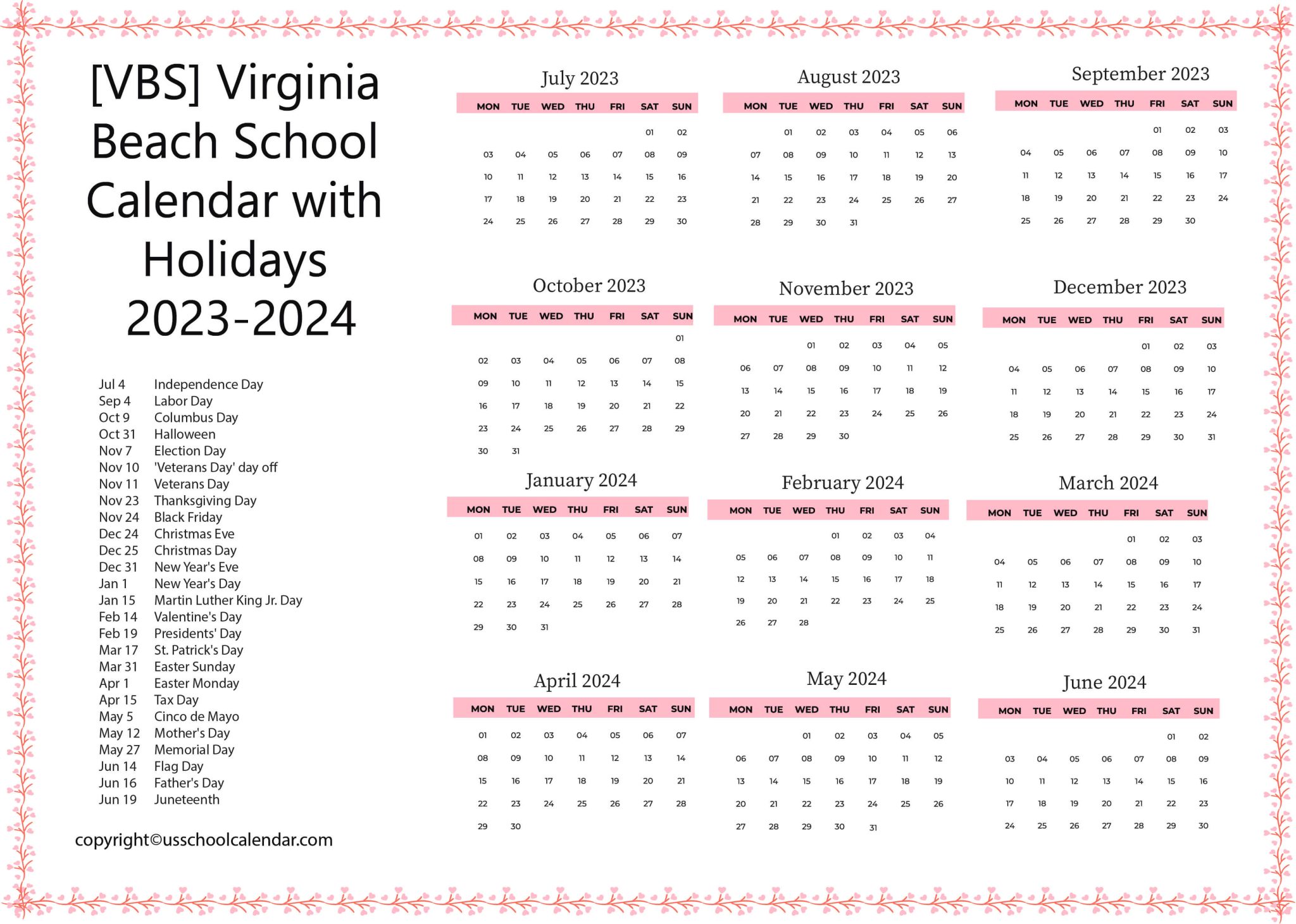 [VBS] Virginia Beach School Calendar with Holidays 2023-2024