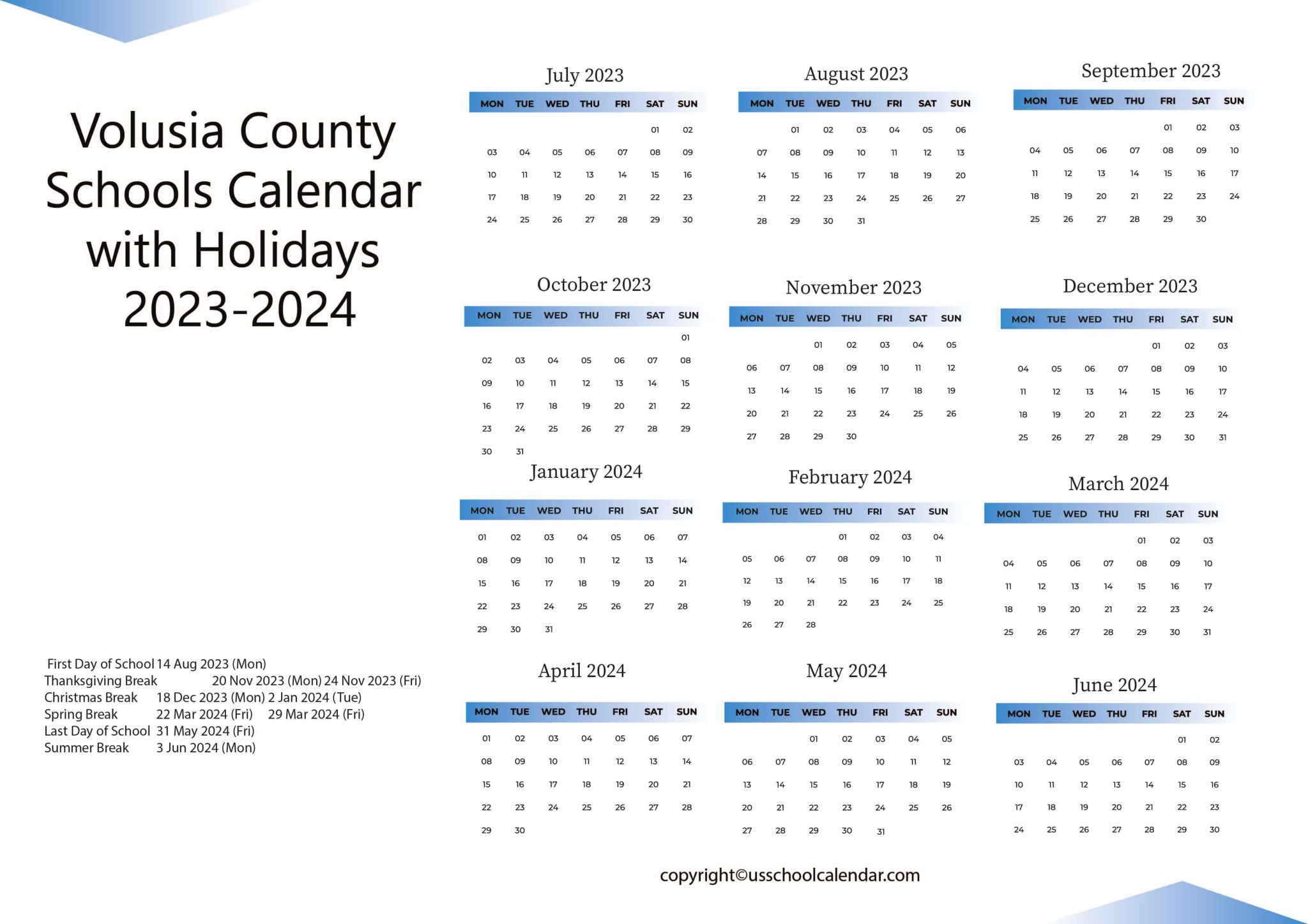Volusia County Schools Calendar with Holidays 20232024