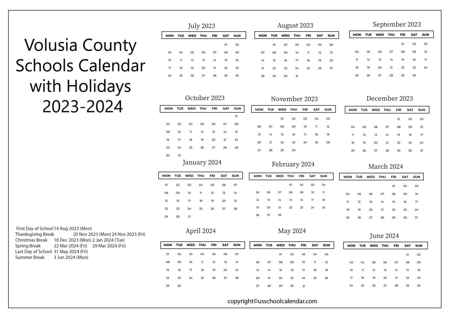 Volusia County Schools Calendar with Holidays 20232024