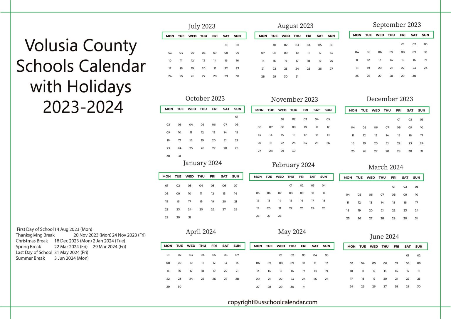Volusia County Schools Calendar with Holidays 2023 2024