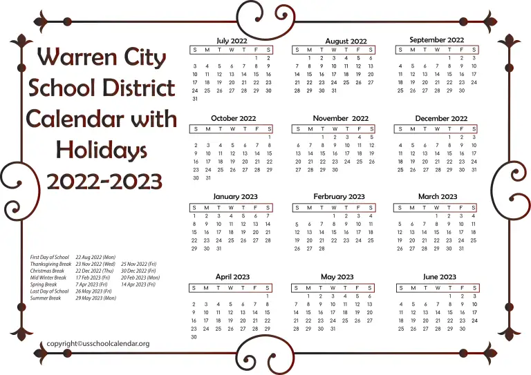 Warren City School District Calendar with Holidays 20222023