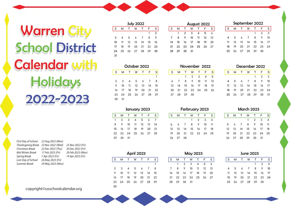 Warren City School District Calendar with Holidays 2022-2023 3