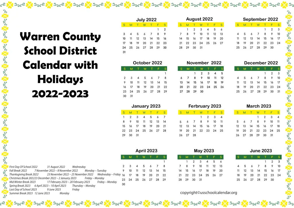 Warren County School District Calendar with Holidays 2022-2023