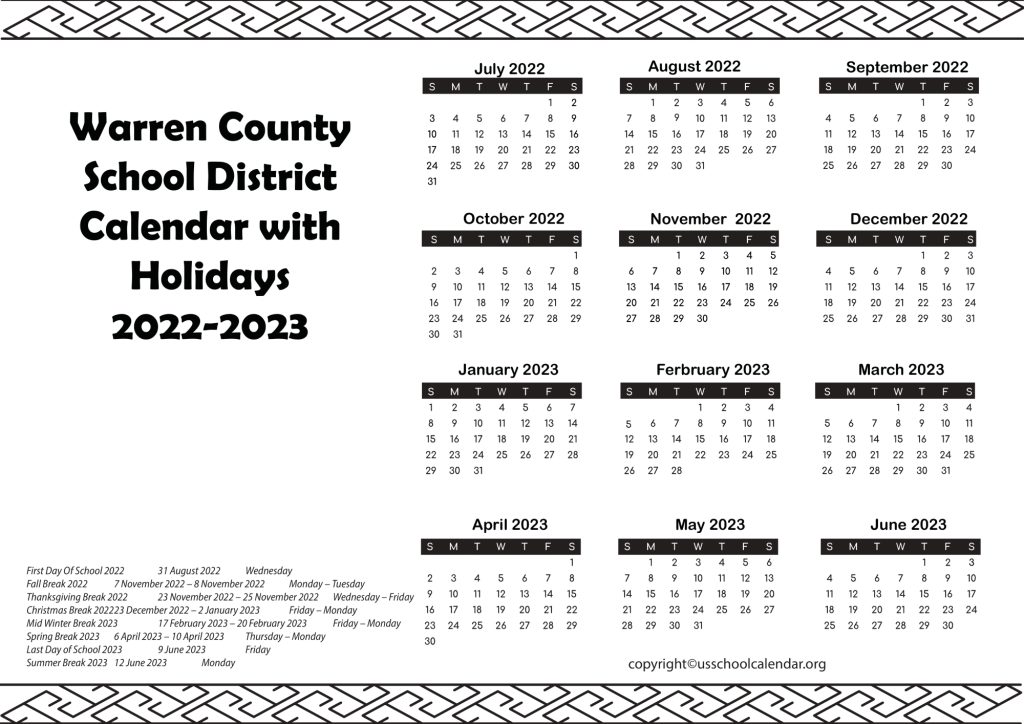 Warren County School District Calendar with Holidays 2022-2023 2