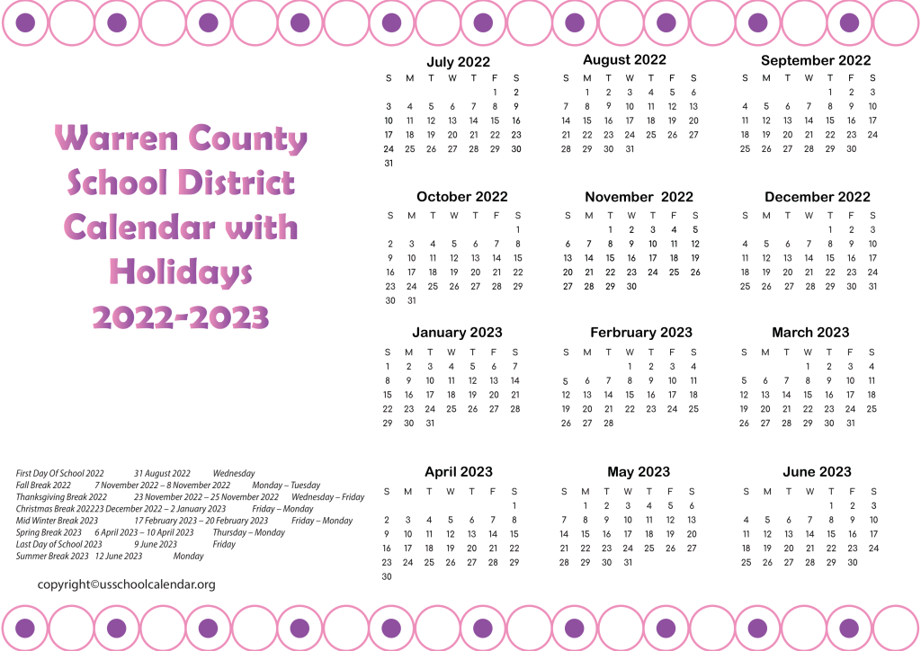 Warren County School District Calendar with Holidays 2022-2023 3