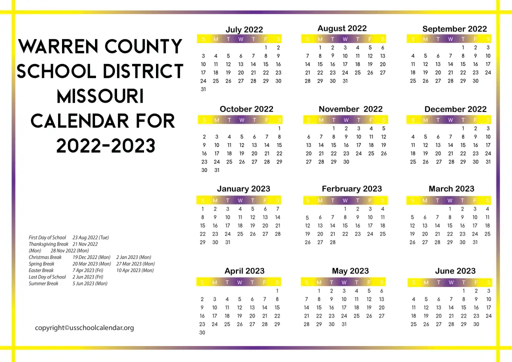 Warren County School District Missouri Calendar for 2022-2023 2