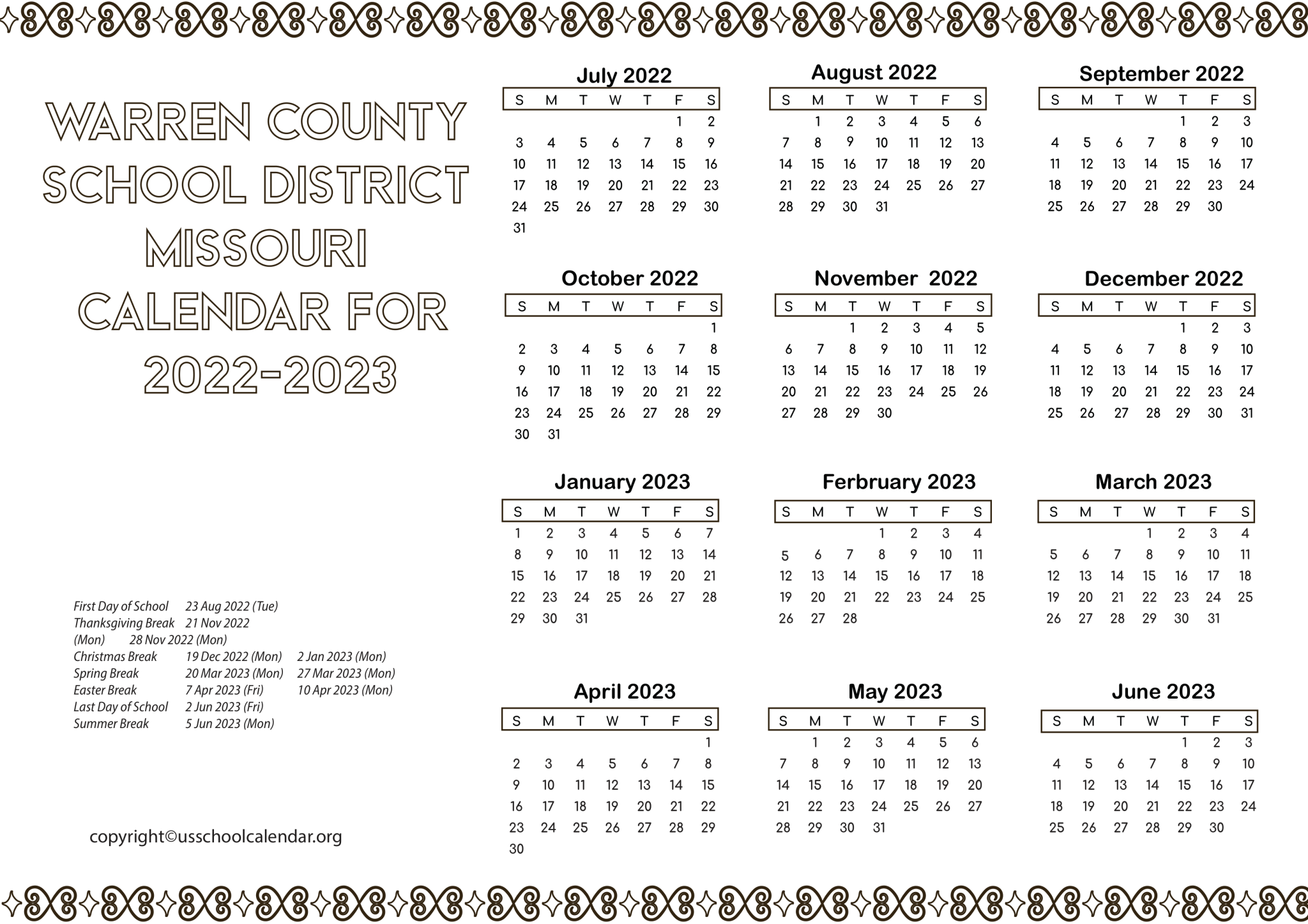 Warren County School District Missouri Calendar for 20222023