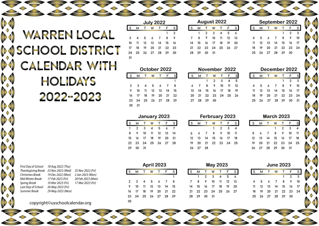 Warren Local School District Calendar with Holidays 2022-2023 2
