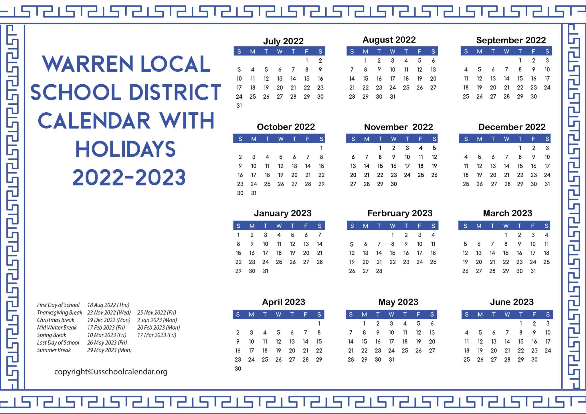 Warren Local School District Calendar with Holidays 20222023