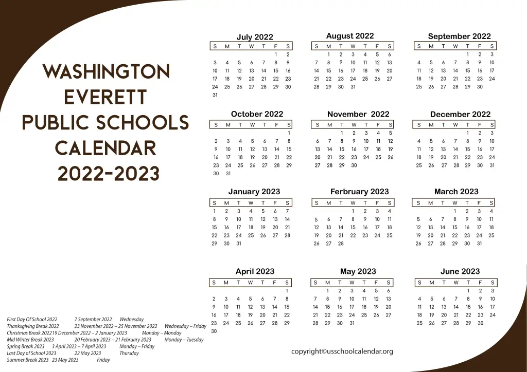 Washington Everett Public Schools Calendar 2022-2023
