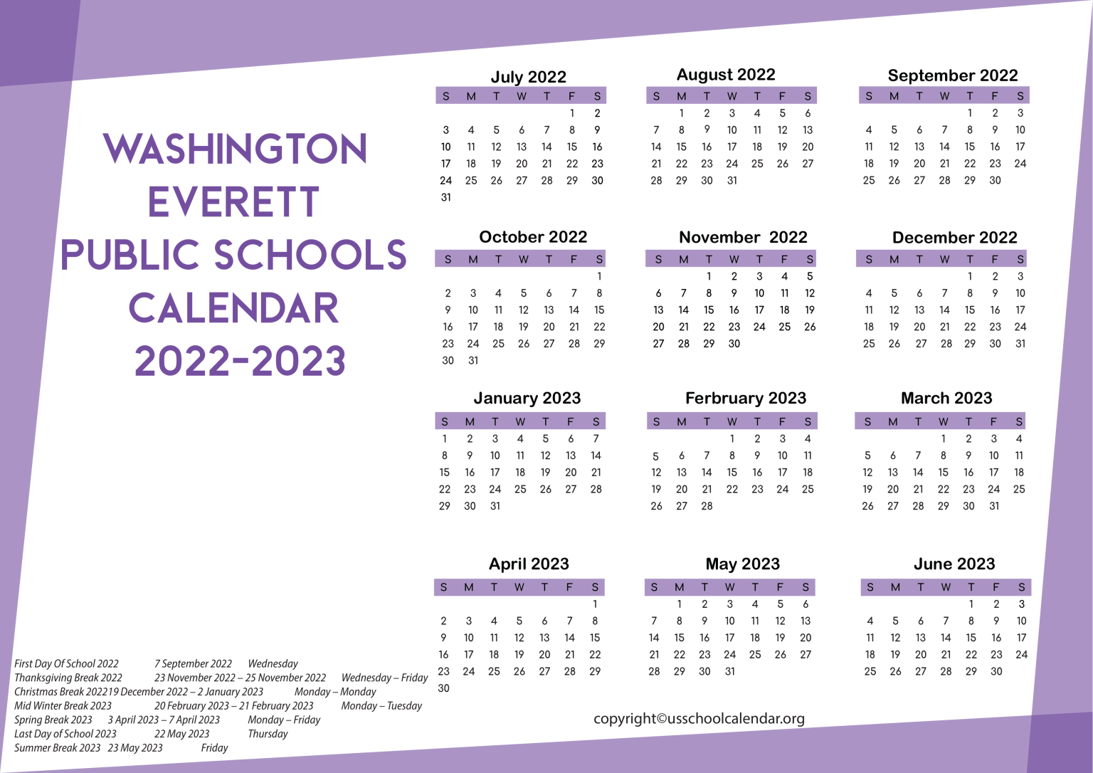 Washington Everett Public Schools Calendar 20222023