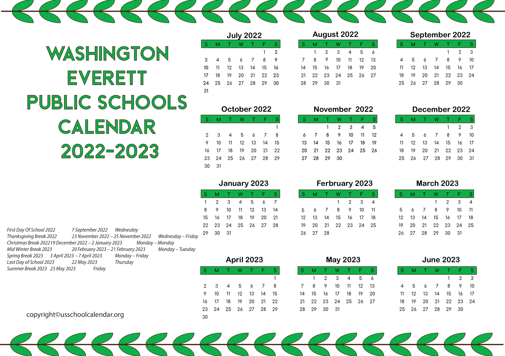 Washington Everett Public Schools Calendar 20222023