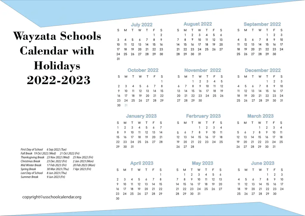 Wayzata Schools Calendar with Holidays 2022 2023