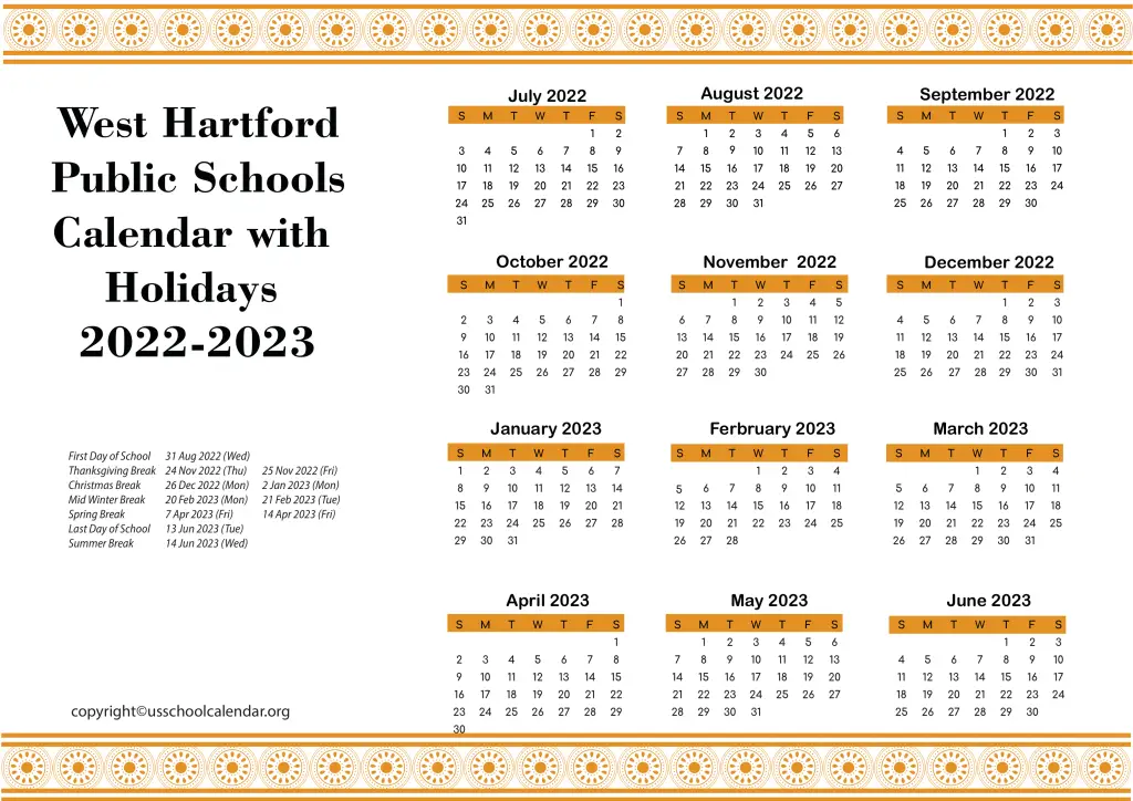 West Hartford Public Schools Calendar with Holidays 2022-2023
