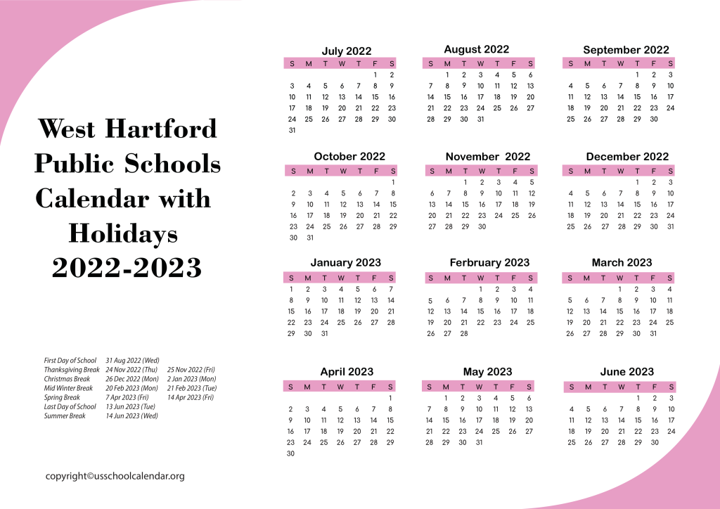West Hartford Public Schools Calendar with Holidays 2022-2023 2