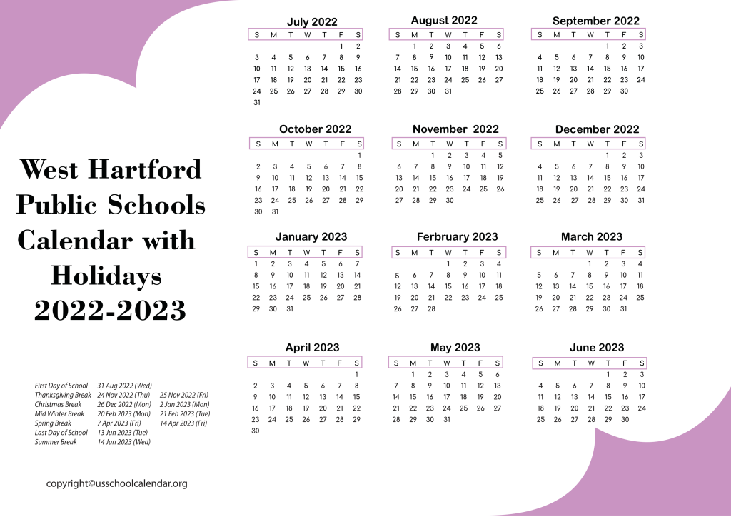 West Hartford Public Schools Calendar with Holidays 2022-2023 3