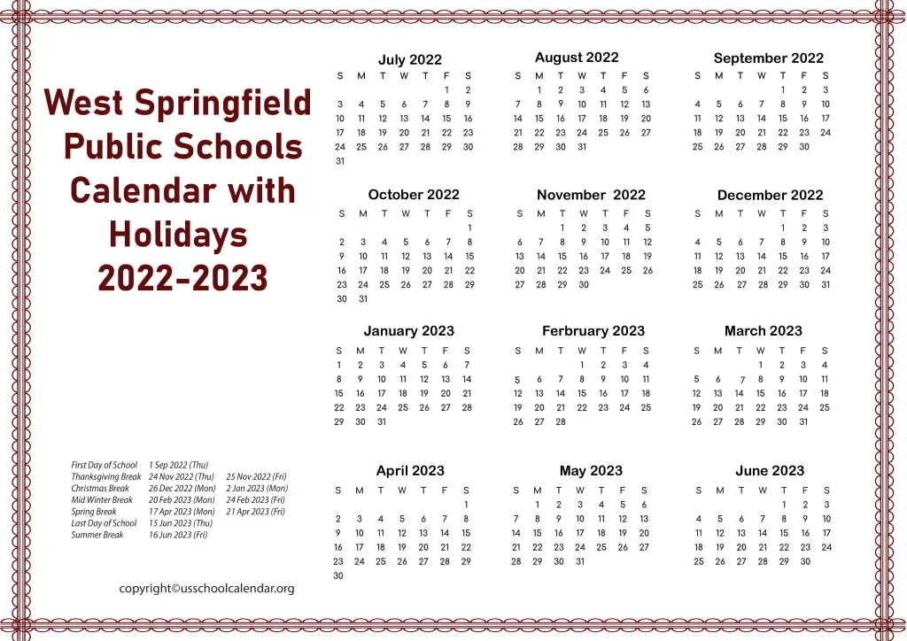 West Springfield Public Schools Calendar with Holidays 2022-2023