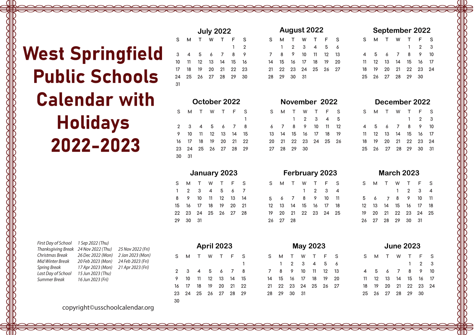 West Springfield Public Schools Calendar