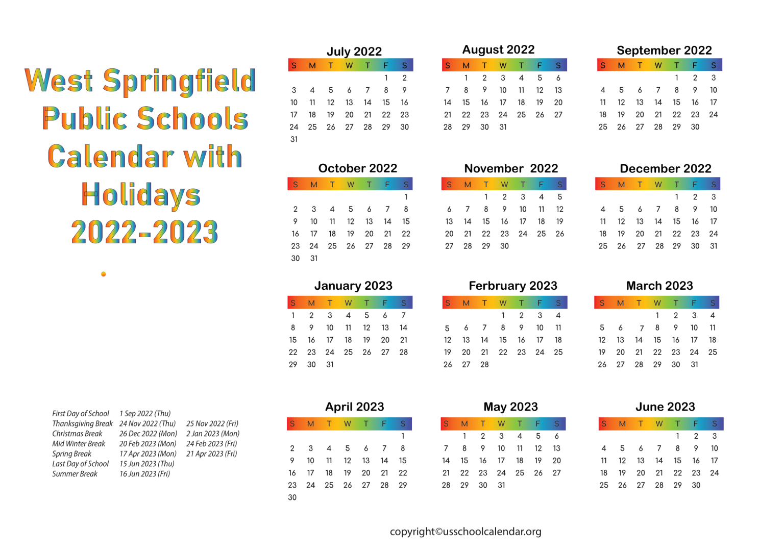 WSPS West Springfield Public Schools Calendar for 2022 2023