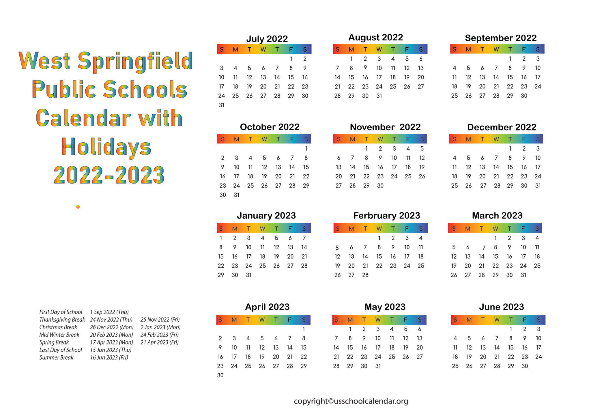 [WSPS] West Springfield Public Schools Calendar for 20222023