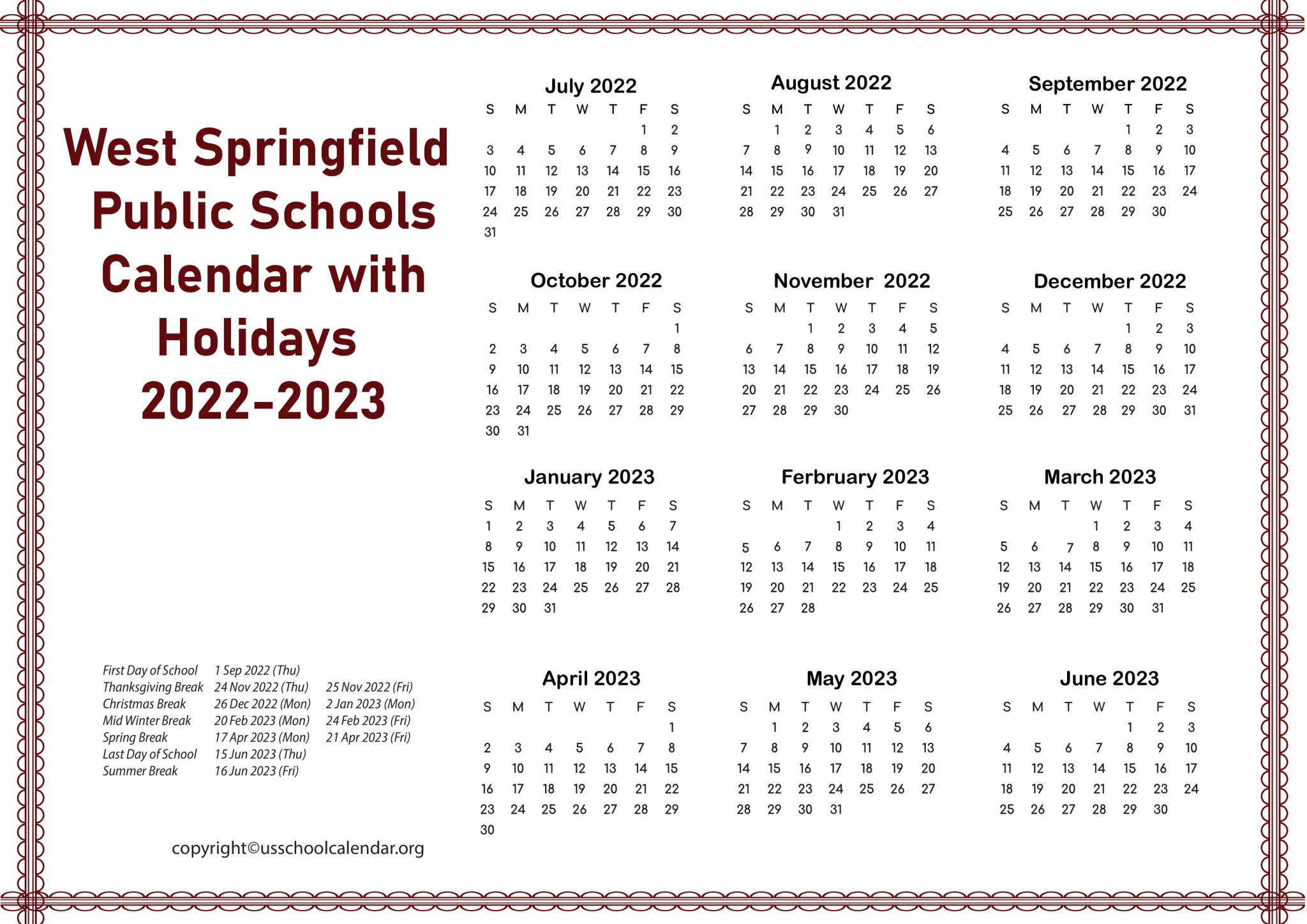 [WSPS] West Springfield Public Schools Calendar for 20222023