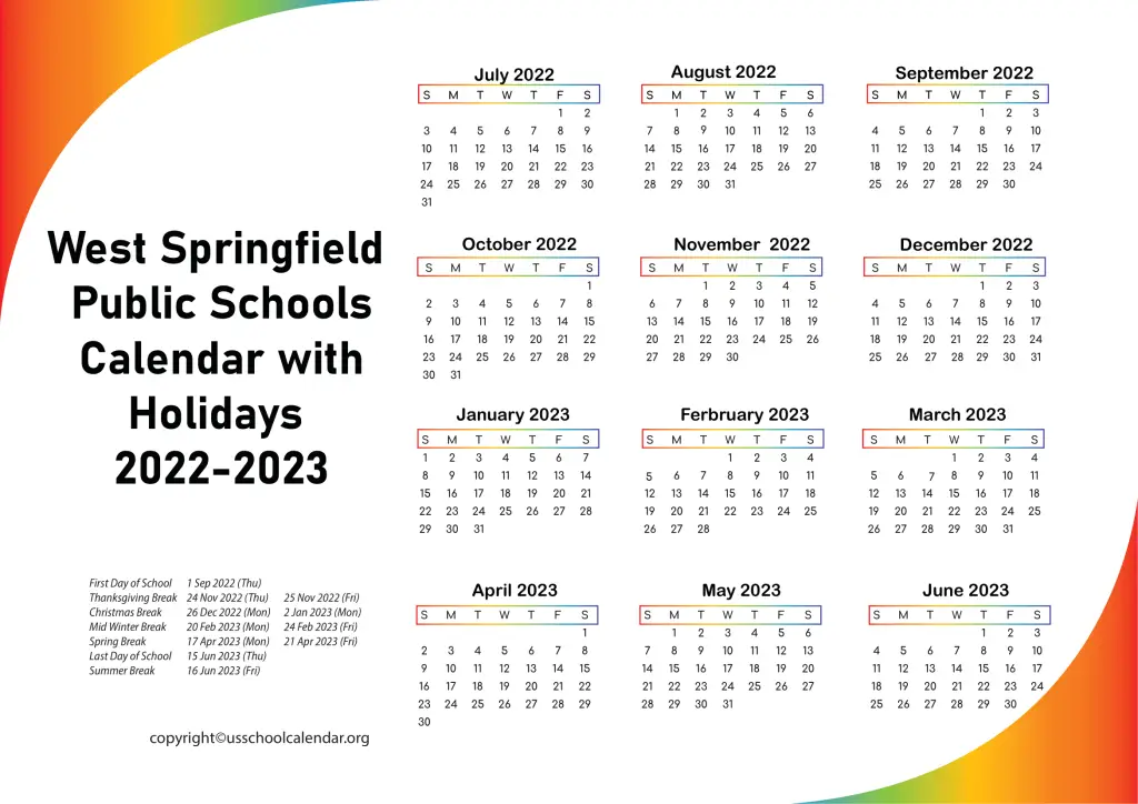 West Springfield Public Schools Calendar with Holidays 2022-2023 3