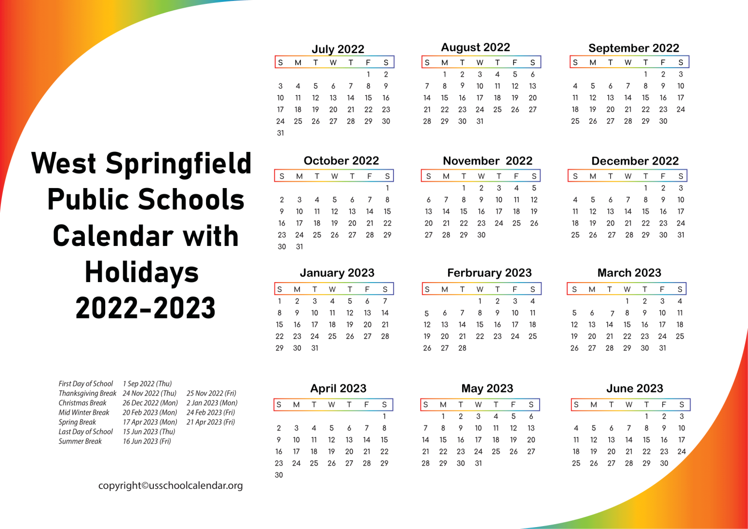 [wsps] West Springfield Public Schools Calendar For 2022-2023