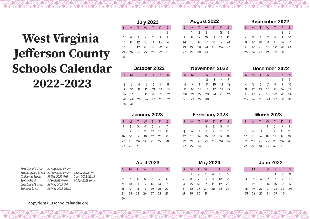 West Virginia Jefferson County Schools Calendar 2022-2023