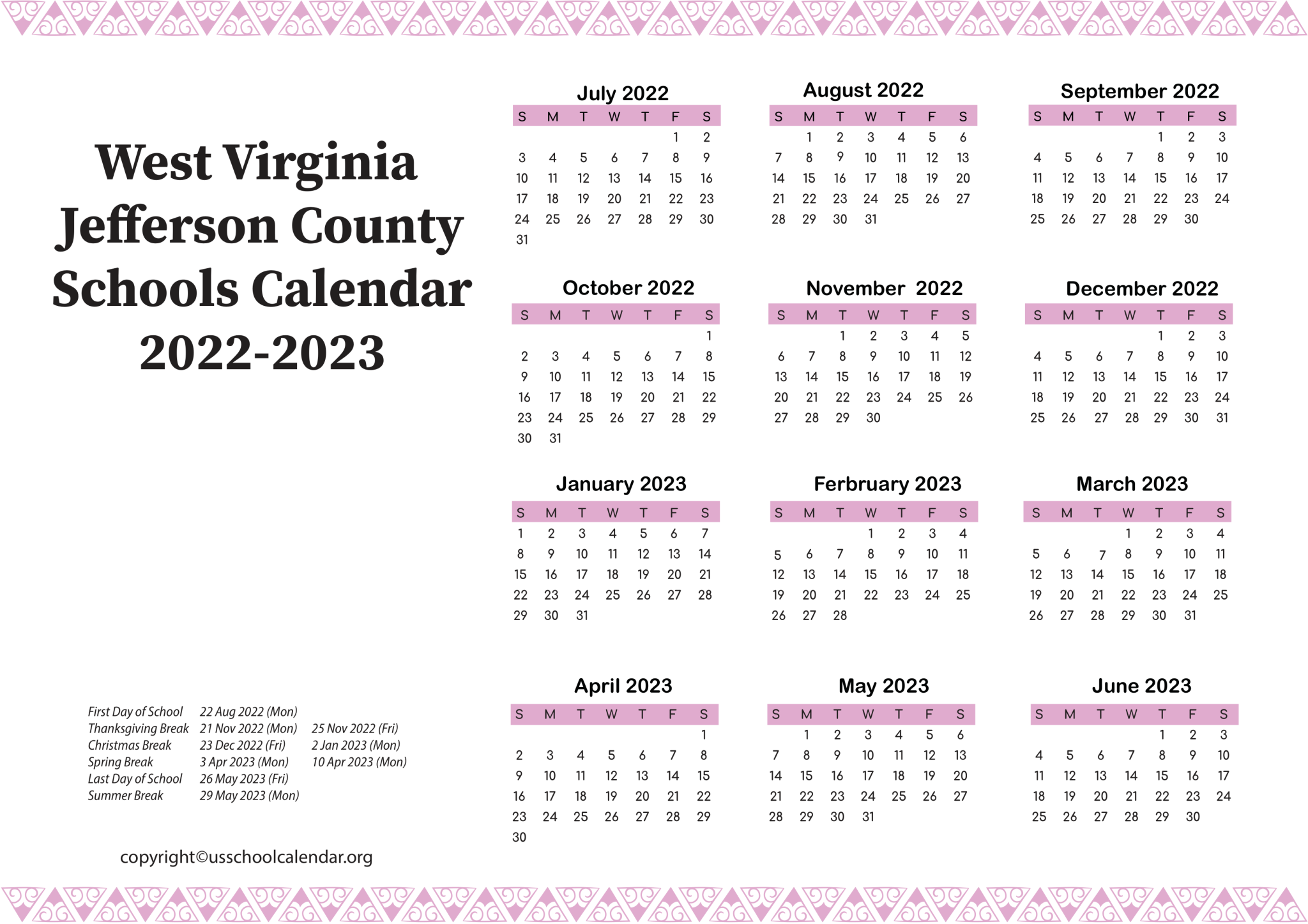 West Virginia Jefferson County Schools Calendar 20222023