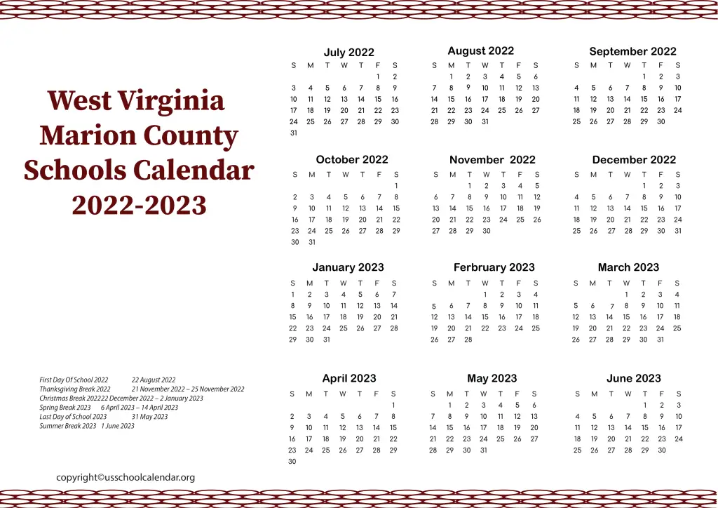 West Virginia Marion County Schools Calendar 2022-2023