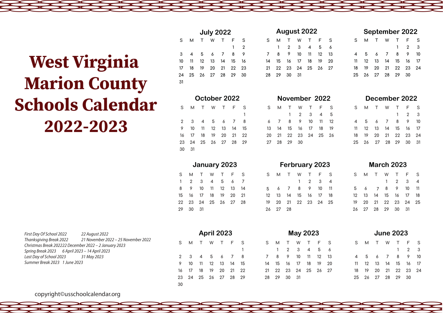 West Virginia Marion County Schools Calendar 20222023