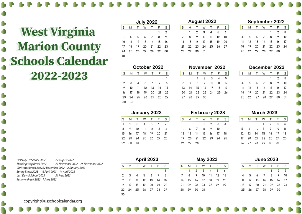 West Virginia Marion County Schools Calendar 2022-2023 2