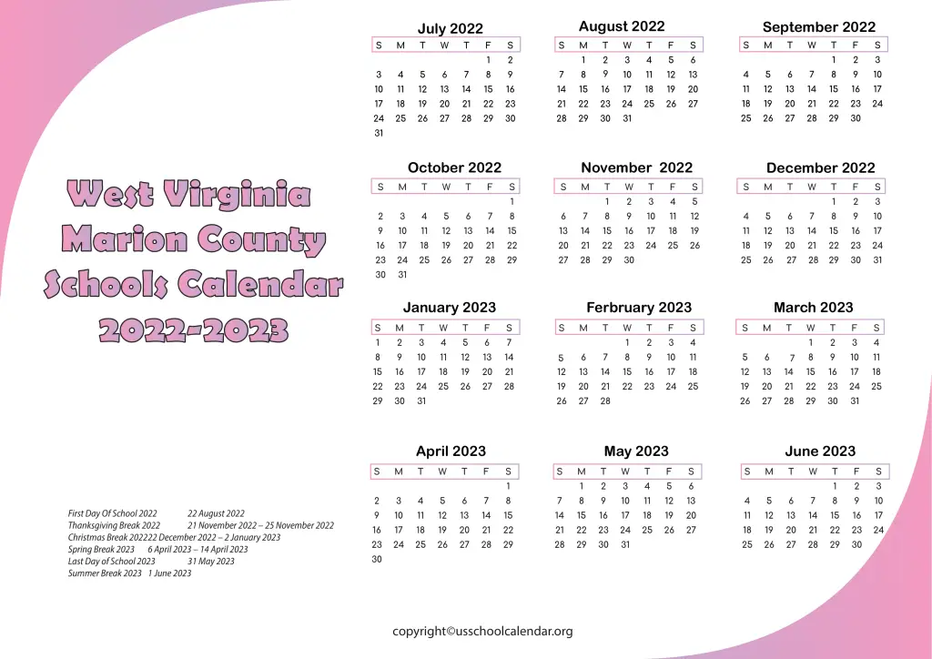 West Virginia Marion County Schools Calendar 2022-2023 3