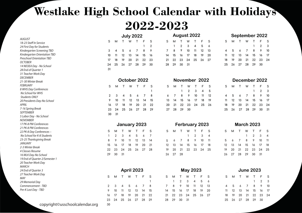 Westlake High School Calendar with Holidays 2022-2023
