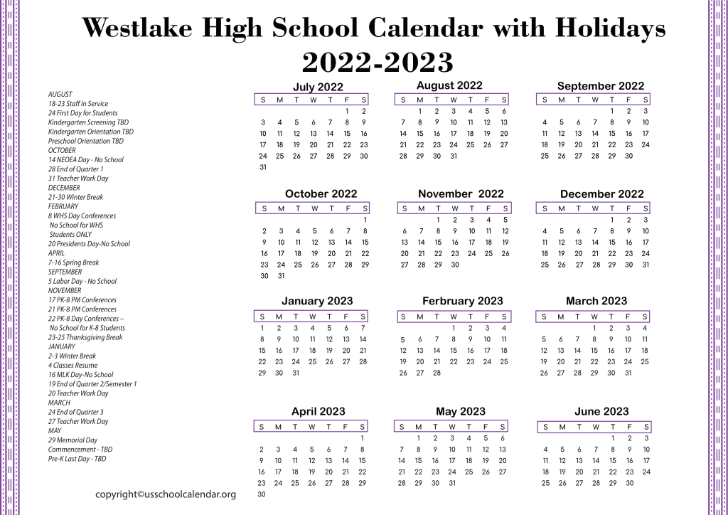 Westlake High School Calendar with Holidays 2022-2023 2